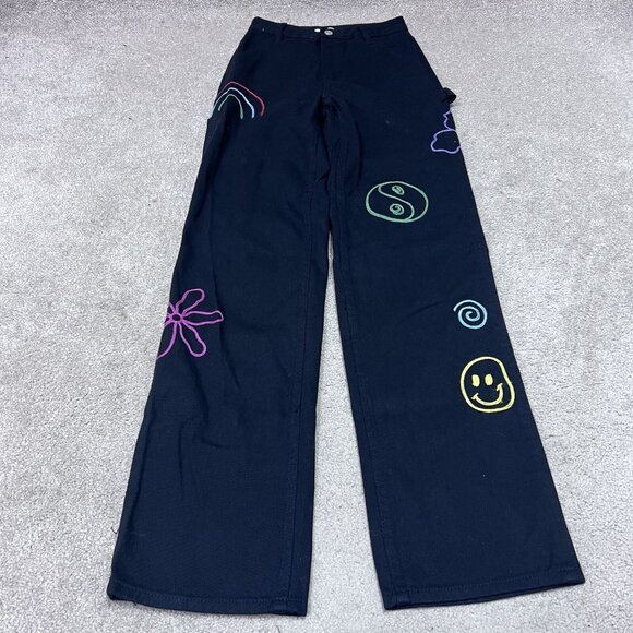 PacSun Jeans 90’s Boyfriend Carpenter Black Pockets Embroidered Size 24 - Picture 1 of 13